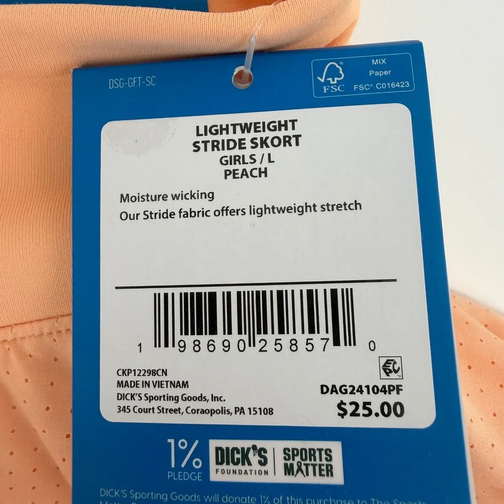 DSG Girls Large 14 Lightweight Stride Skort Peach Orange Mid-Rise Athletic‎ NEW